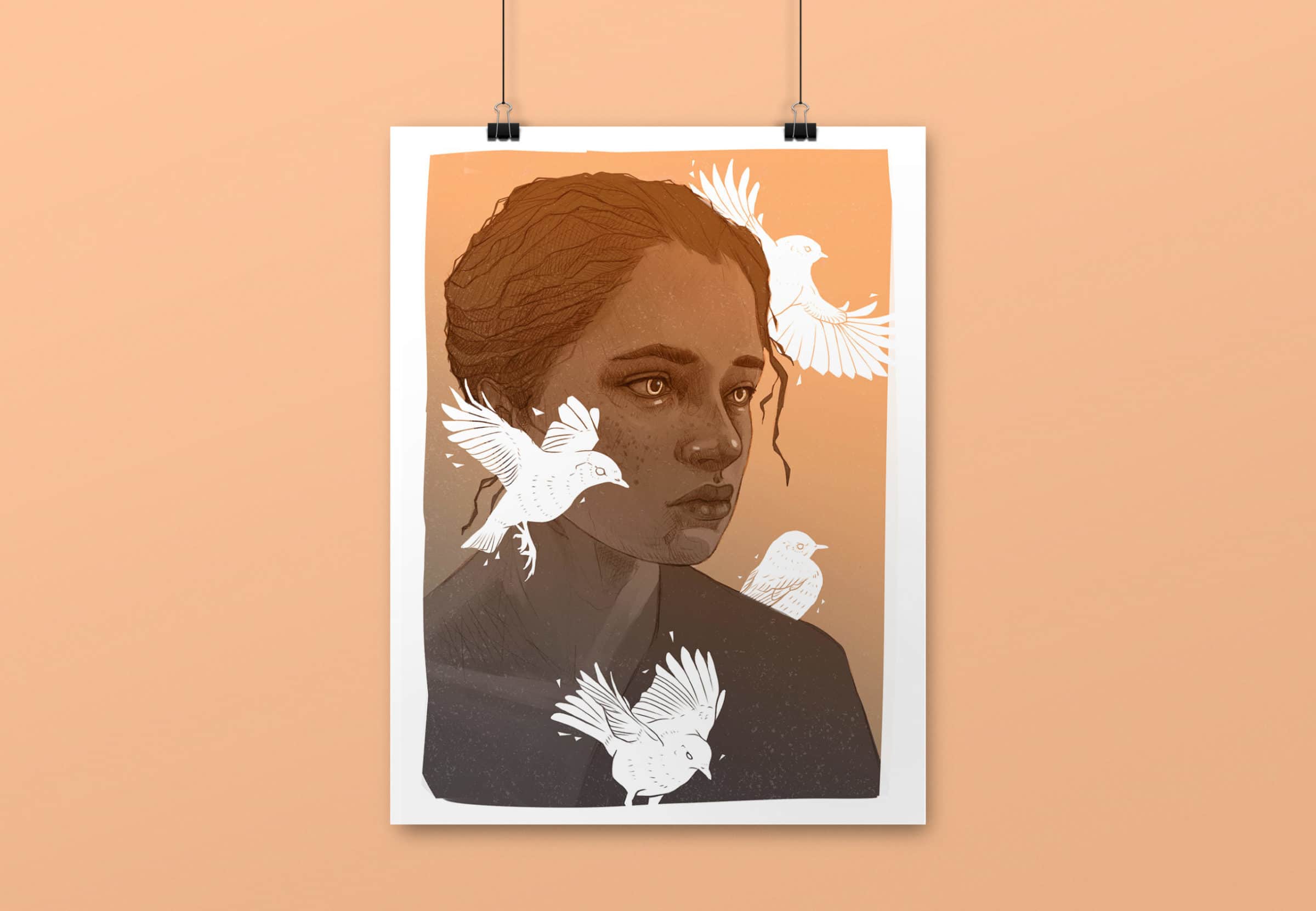 Illustration Portrait de femme avec oiseaux