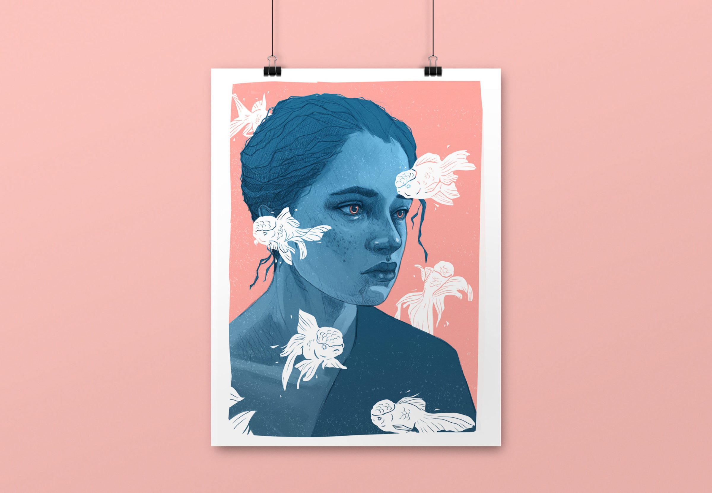 Illustration Portrait de femme avec poissons